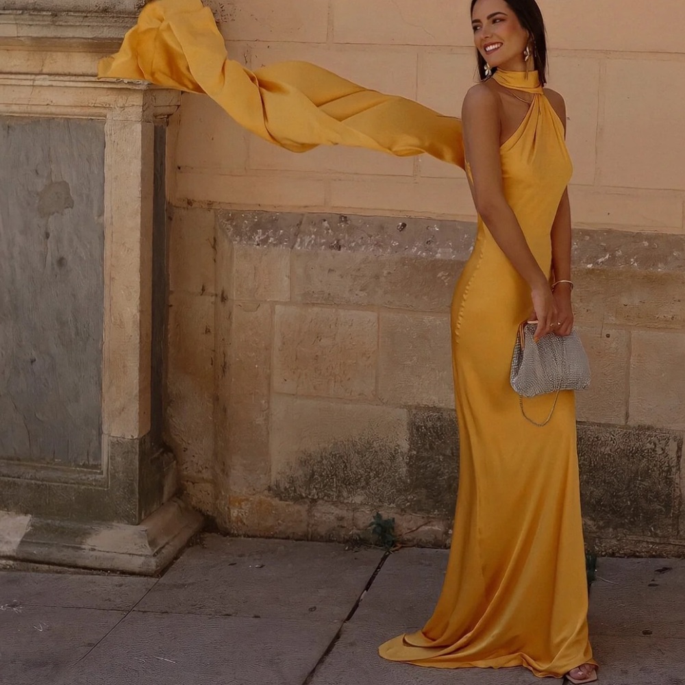 YELLOW LONG DRESS WITH CAPE